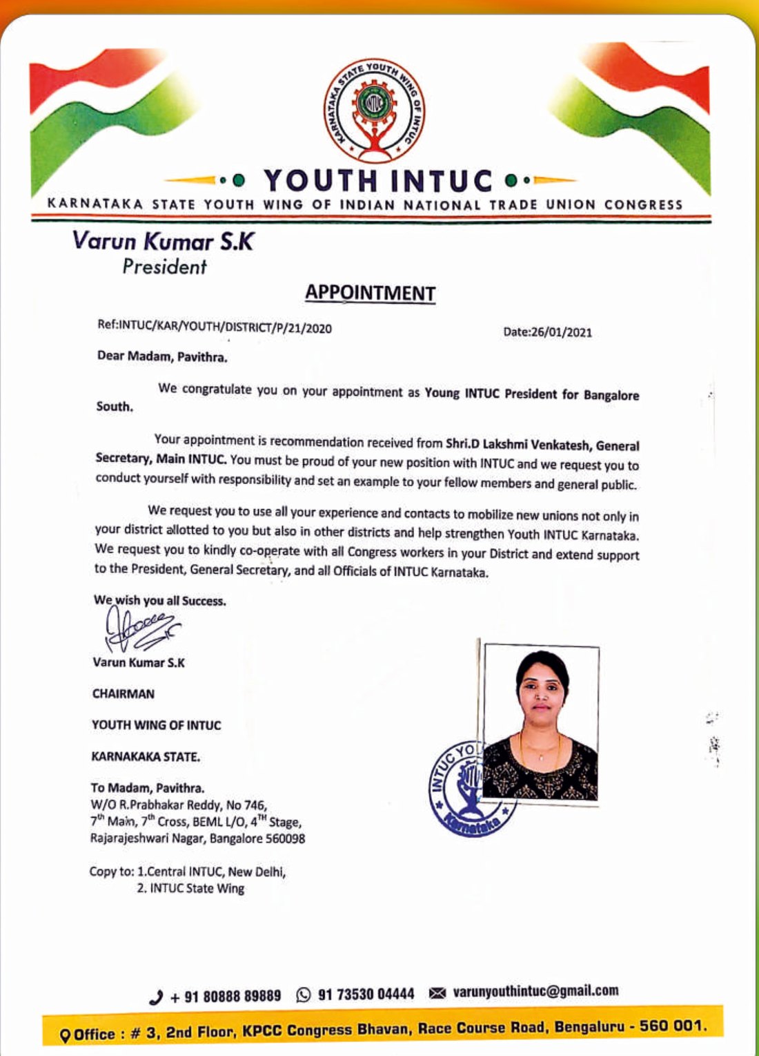 Youth INTUC appointment letter dated 26 January 2021