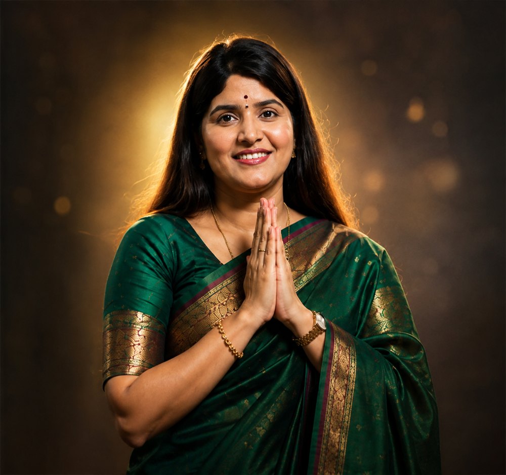 Studio portrait of Dr. Pavithra in a green silk saree, greeting with folded hands